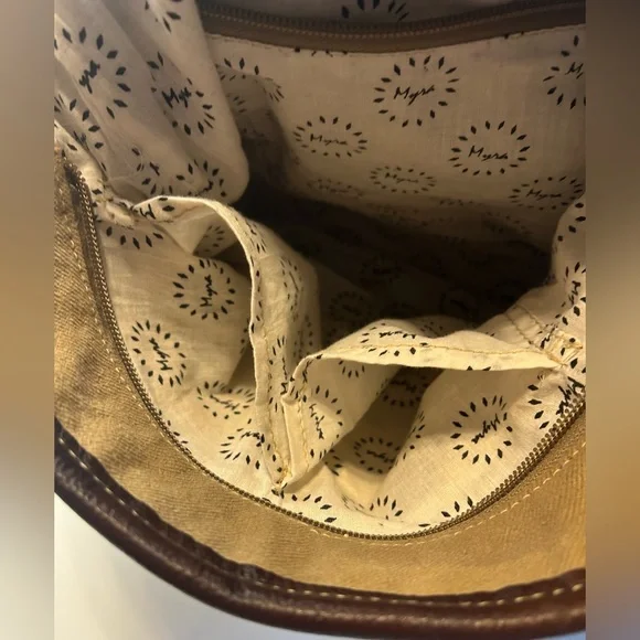 Myra Bag Yellow Western Shoulder Bag Gray Hairon Cowhide Canvas & Leather EUC - Picture 9 of 11